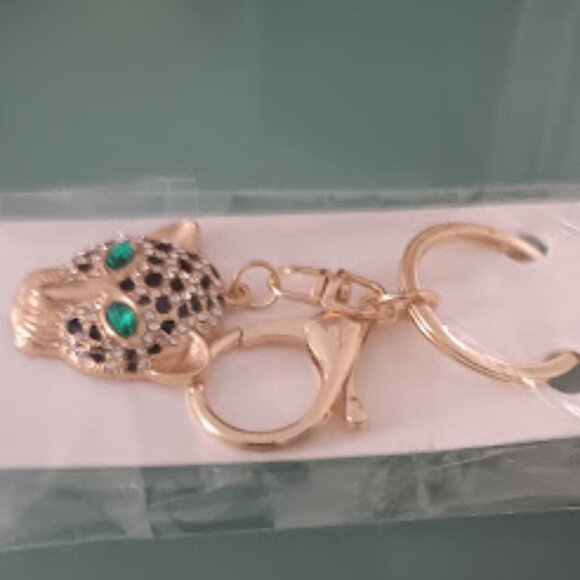 MINT Cheetah Gold Black Enamel Green & Clear Crystals Purse Charm Key Chain**NEW - Picture 5 of 7